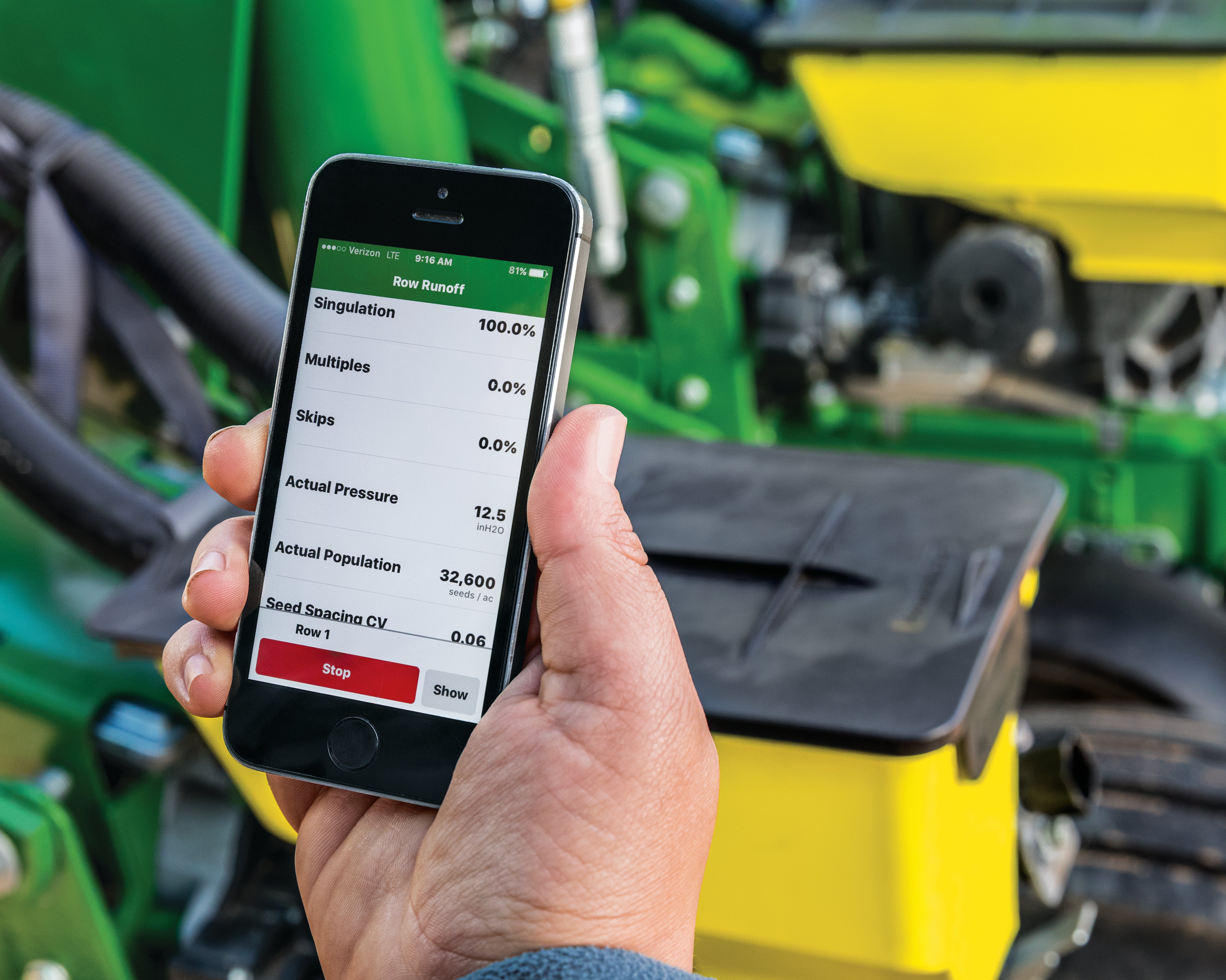 Live singulation and population readout at a John Deere planter