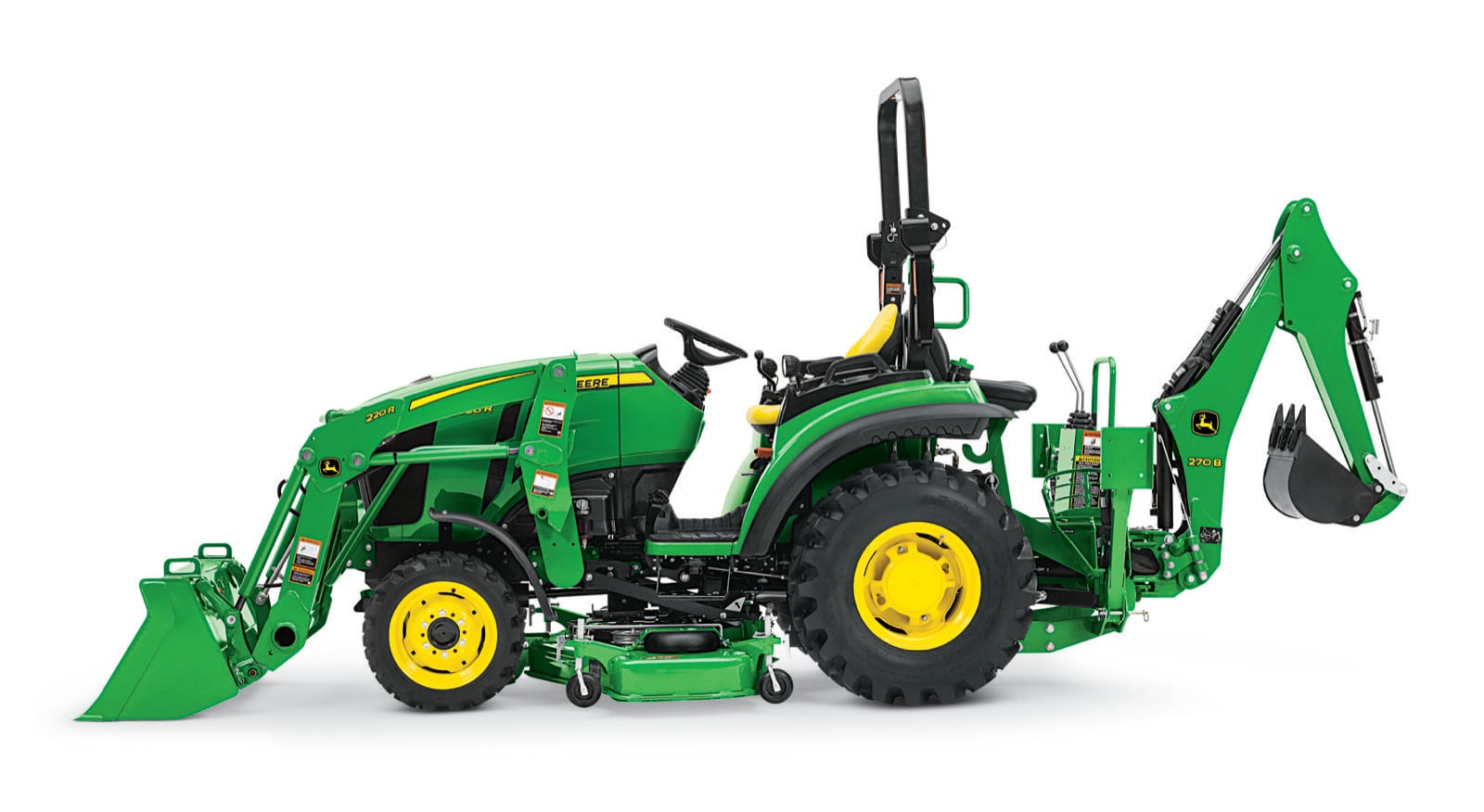 John Deere 2038R with a loader, mower deck and backhoe, studio view